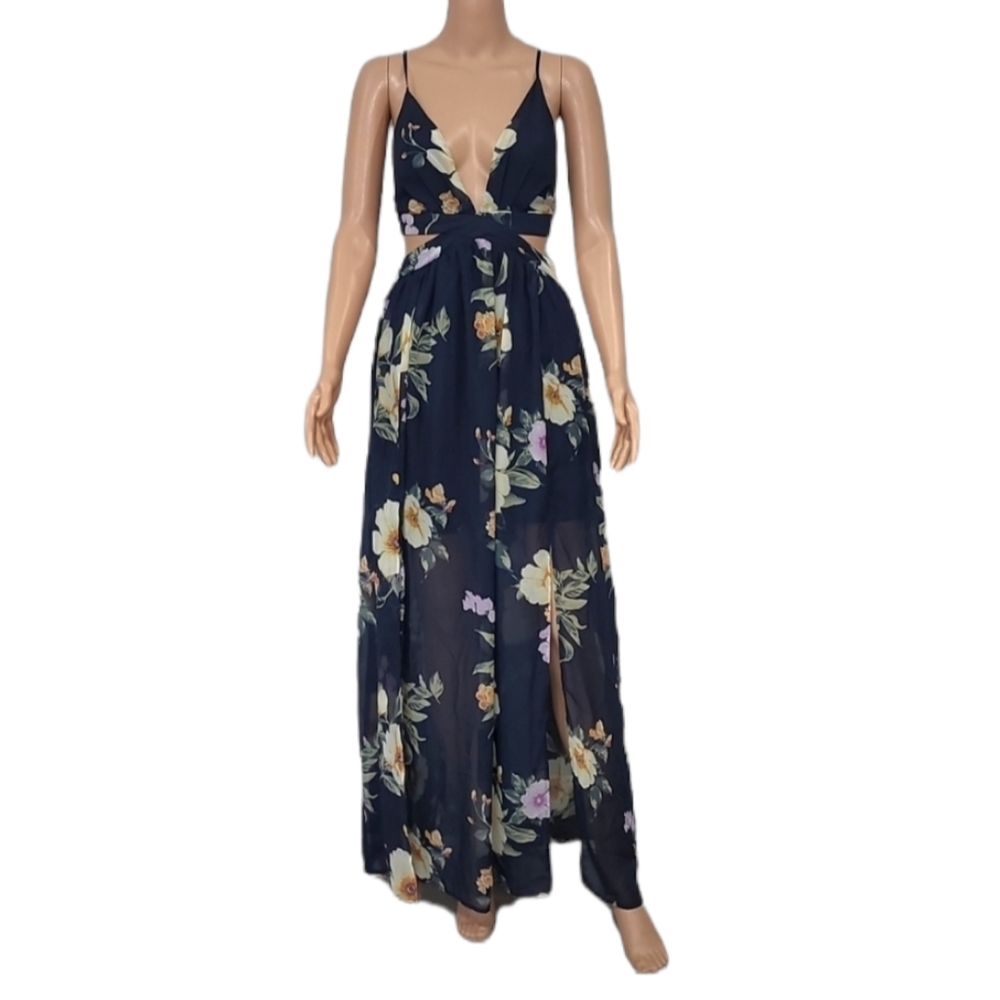 Bla'she Women's Deep V Backless Chiffon Spaghetti Straps Slip Maxi Dress Size L